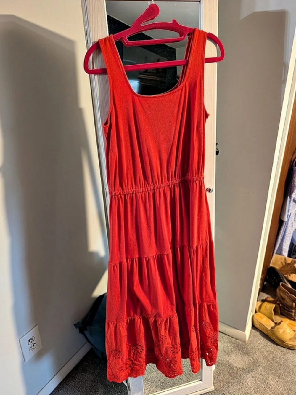 Talbots Jersey Eyelet Tiered Fit & Flare Midi Dress Red Small